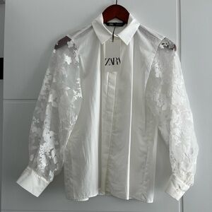 NWT Zara white button down shirt with floral see through sleeve